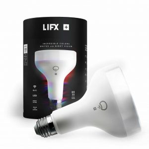 A LIFX BR30 smart LED light bulb is shown next to its packaging, which highlights its Wi-Fi connectivity, energy-efficient 11W power usage, and color and night vision capabilities—perfect for those considering a Belkin WeMo LED Lighting Starter Set review.