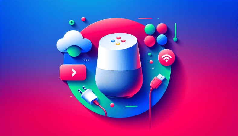 Abstract illustration featuring a Google Home surrounded by tech icons, including a cloud, smart plug, USB cable, Wi-Fi symbol, and play button, all set against a blue and pink gradient background.